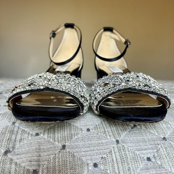 Badgley Mischka Black Fabric w/ Crystal Embellishments & Block Heel Sandals US 7 - Picture 7 of 16